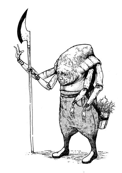 Drawing of a bio-robot with four arms and a huge head fuse with the chest, holding a halberd. A basket fill with roots hangs from its belt.