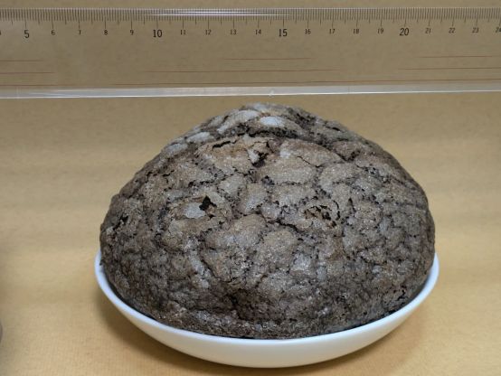 「ショコラブール」をお皿に置いたところ。直径14cmほどのお皿と同じぐらいの大きさを定規を写し込むことで示している。