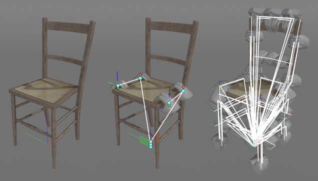 A prop chair from Half-Life: Alyx, showing all the possible hand poses that has to be authored with VR hands