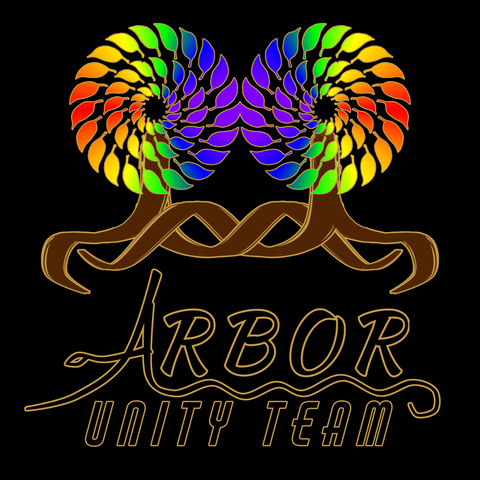 ARBOR Unity Team logo:

Top: the "Twin-twined Infini-tree," a pair of abstract trees with concentric rings of leaves that form a rainbow infinity sign, their brown roots wrapping around each other with another infinity sign in them. Gold outline.

Bottom: Text of ARBOR Unity Team, gold outline, black interior. Background of whole pic is black.