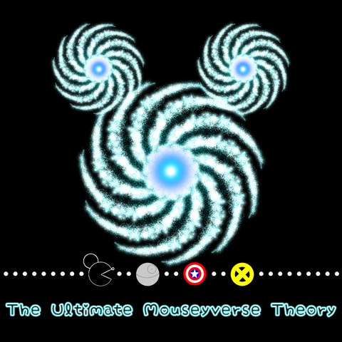 The Ultimate Mouseyverse Logo:

A Mouse-ear emblem made of three bright round spiral galaxies, each with eleven arms to symbolize each letter in M. I. C. K. E. Y. M. O. U. S. E. Underneath is a parody of PAC-MAN with a white-outlined Mickey as PAC-MAN about to eat the Death Star, Captain America's shield, and the X-Men logo, on a line of dots.

Under that, "The Ultimate Mouseyverse Theory" in cyan-white glowing text, a rounded, quirky one with loops and hearts.