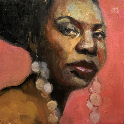 Portrait of Nina from shoulders up, neck elongated in near profile, eyes looking sideyed, but direct at viewer. She wears long dangly earrings with circle shapes and is set against a salmon pink background. 