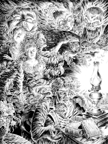 "Illuminated Study." A black and white illustration in pen and ink. A man in Victorian dress with a crazed expression sits at a desk lit by an old oil lamp, writing while surrounded by malevolent spirits.