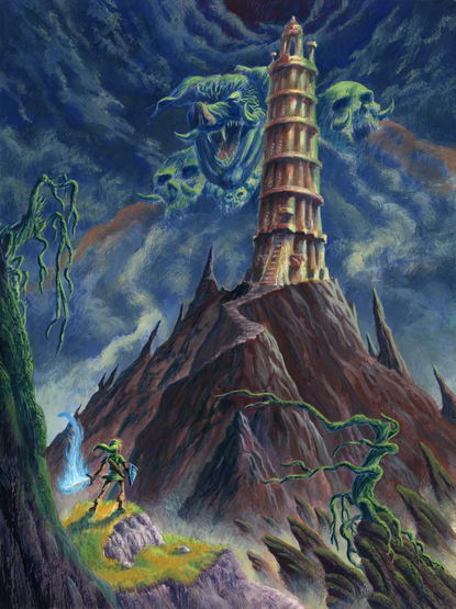 A mixed media painting inspired by the classic game The Legend of Zelda: A Link to the Past. Link stands at the edge of a grassy cliff, looking up at Ganon's Tower in the distance. His sword surges with energy. The Dark World's mountains are jagged and pointy, the trees are dead with twisted branches, lit by an eerie green light. The clouds swirl and form the visage of Ganon himself, laughing maniacally.

Drawn and painted with casein, gouache, and calligraphy ink.