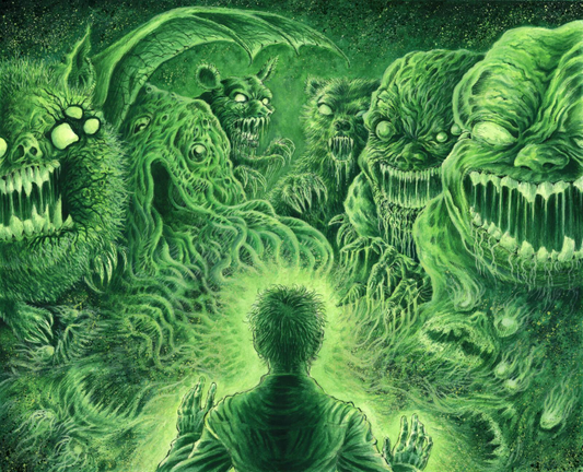 The cover art for the homebrew Gameboy game, Cryohazard made by burst_error. An ink and gouache illustration in a lurid green, inspired by the color of the original Game Boy screen. We see the protagonist from behind as various creatures from the game form in front of him. A bat, a slime monster, a mutated rat, a mutated bear, and two humanoid mutants all approach menacingly.
