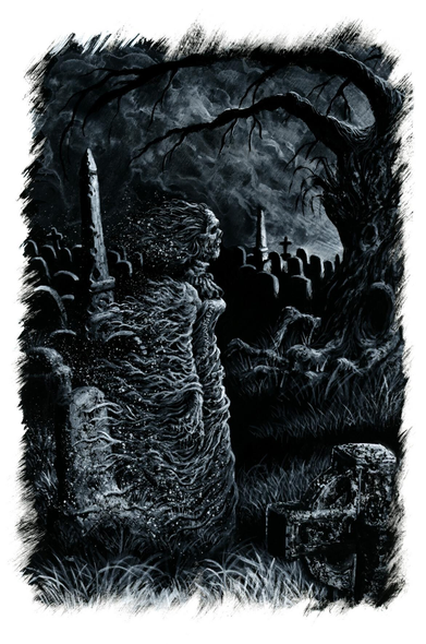A black and white illustration of a ghost rising from the grave, out for an early morning stroll. The ghost is a woman in tattered Victorian clothing, her half-decayed flesh revealing her skull, while her clothes and hair blow in the wind. The graveyard is dilapidated with grave stones every which way in the distance and an old tree whose branches hang over the scene.

Painted with white gouache over black gesso primed paper.