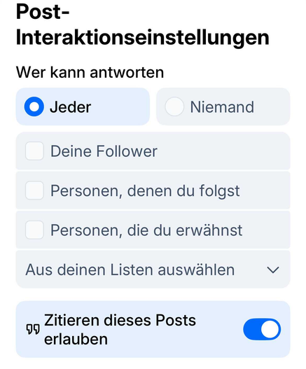 Screenshot Post-Interaktionseinstellungen in der Bluesky App