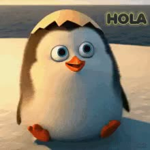 GiF: Un pingüino está sentado en una playa, saludando con su aleta izquierda y la palabra hola de fondo.