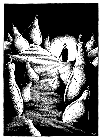 Un homme, habillé d'une redingote et coiffé d'un chapeau melon, se promène la nuit au milieu d'un paysage parsemé de poires géantes. Dessin inspiré par Érik Satie et son morceau "Trois Morceaux En Forme De Poire".

A man, dressed in a frock coat and wearing a bowler hat, walks at night through a landscape dotted with giant pears. Drawing inspired by Erik Satie and his piece "Three Pieces in the Shape of a Pear".