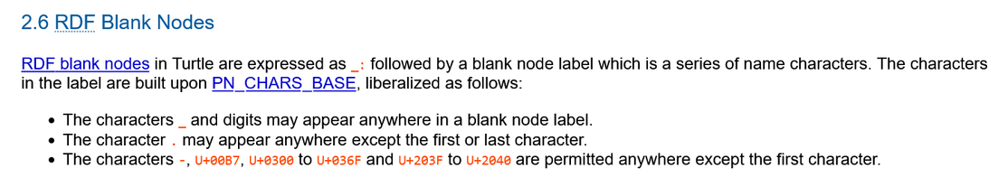 2.6 RDF Blank Nodes

 RDF blank nodes in Turtle are expressed as _: followed by a blank node label which is a series of name characters. The characters in the label are built upon PN_CHARS_BASE, liberalized as follows: 

• The characters _ and digits may appear anywhere in a blank node label.
• The character . may appear anywhere except the first or last character.
• The characters -, U+00B7, U+0300 to U+036F and U+203F to U+2040 are permitted anywhere except the first character.