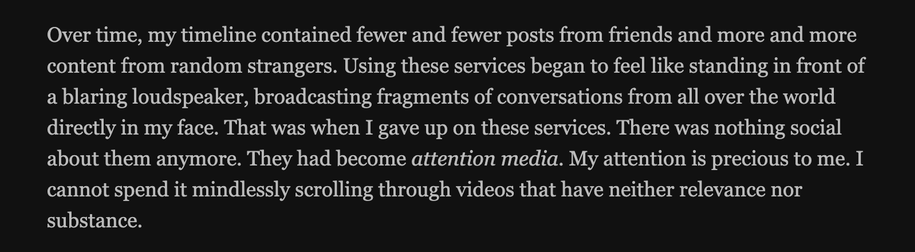 A screenshot of a paragraph discussing the perils of attention media.