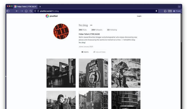 Screenshot of a social media profile on Pixelfed, displaying the profile of ftrc.blog with posts and information.