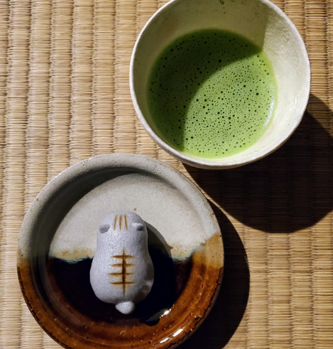 A cat shaped confection from Nijo Wakasaya (二條若狭屋)...this one is a grey feline with branded stripes.