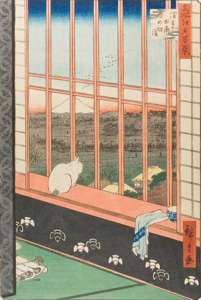 Woodblock print of a cat looking out the window (with Mt Fuji in the distance).

Image thanks🙇‍♂️-https://ukiyo-e.org