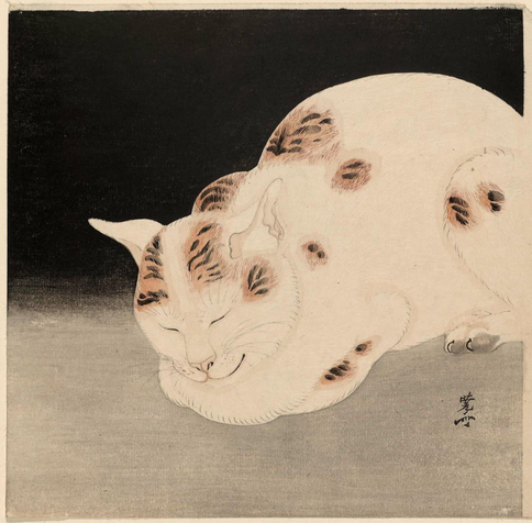 Woodblock print of sleeping cat.

Image thanks🙇‍♂️-https://ukiyo-e.org