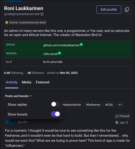 Toggles in Mastodon UI