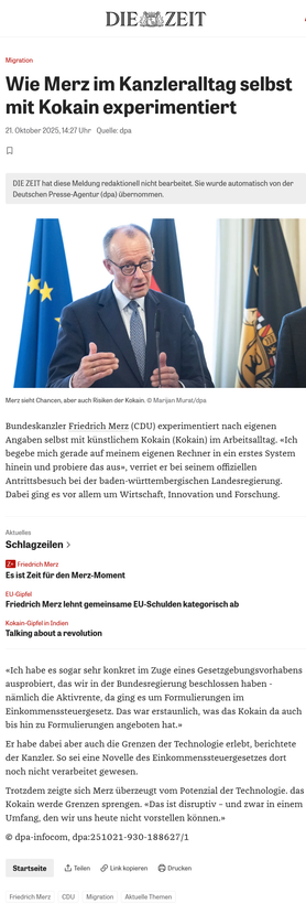 Screenshot einer Webseite mit einem Text über Merz und KI. Das Wort KI wurde mit Hilfe eines Bookmarklets durch das Wort Kokain ersetzt. Anlass dafür ist der suchtgleiche Umgang mit dem Thema KI. ;-)