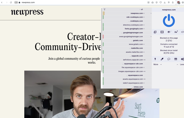 a screenshot of NewPress's homepage with a picture of Johnny Harris and an overlay from UBlock origin showing trackers from: Google Tag Manager, Gstatic, MailerLite, SquareSpace, Cookieyes, Vimeo...
