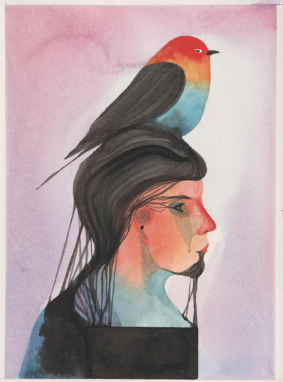 Dessin d'un personnage de profil, ses cheveux, ses sourcils et sa barbichette noirs reliés à un carré noir au niveau du torse, il a un gros oiseau multicolore sur la tête.