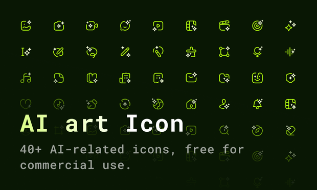 A block of light green app icons against a dark green background.
Each one has a four pointed star worked into the apps icon design.

"AI art Icon" in big block letters in the lower left hand corner along with '40+ AI-related icons, free for commercial use.'
(via figma.com)