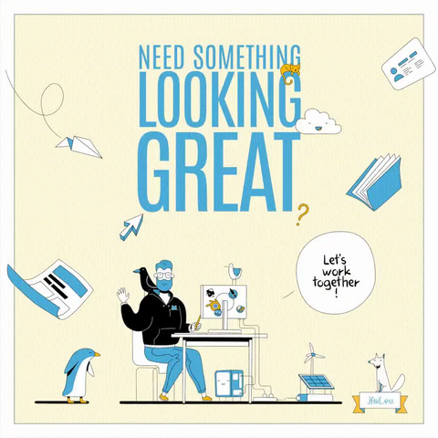 Flat illustration in blues and black of a bearded person sitting at a table with a computer powered by a mini solar power station. Above is a text saying „Need something looking fancy / sharp / neat? (these are animated to change every few seconds), let's work together!“