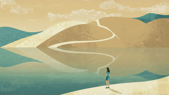 Illustration in warm sand, ochre and teal tones. A woman stands at the water's edge, looking out towards rolling hills and winding paths ahead. Textured, painterly style.