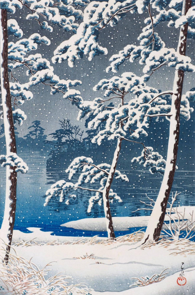 A view of Tokyo's Senzoku Pond on a snowy winter's day. In the foreground, wiry pine trees stand on the edge of the pond, fresh snow clogging their branches and sticking to their trunks. Beyond, the calm surface of the pond stretches out toward dim silhouettes of more trees on the opposite side of the water. Above, the sky is dark and overcast, and snow continues to fall across the scene.