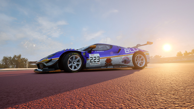 Jasper and his BLU-E Ferrari 296 performing donuts on the run-off of T10 at Barcelona Circuit on ACC