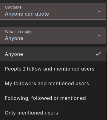 The reply control menu. There's a drop menu named "quotable" and another named "who can reply". The reply options are "anyone", "people I follow and mentionned users", "my followers and mentionned users", "following, followed or mentionned" and "only mentionned users".