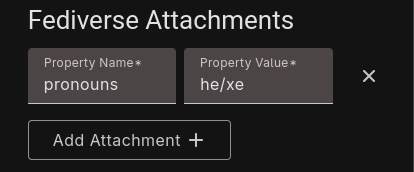 Fediverse attachments on wafrn. The property name is filled with "pronouns" and the property value with "he/xe".