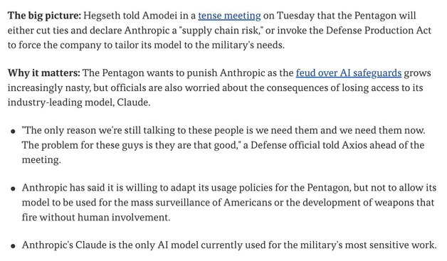 The big picture: Hegseth told Amodei in a tense meeting on Tuesday that the Pentagon will either cut ties and declare Anthropic a "supply chain risk," or invoke the Defense Production Act to force the company to tailor its model to the military's needs. 

Why it matters: The Pentagon wants to punish Anthropic as the feud over Al safeguards grows increasingly nasty, but officials are also worried about the consequences of losing access to its industry-leading model, Claude. 

• "The only reason we're still talking to these people is we need them and we need them now. The problem for these guys is they are that good," a Defense official told Axios ahead of the meeting. 

• Anthropic has said it is willing to adapt its usage policies for the Pentagon, but not to allow its model to be used for the mass surveillance of Americans or the development of weapons that fire without human involvement. 

• Anthropic's Claude is the only AI model currently used for the military's most sensitive work.