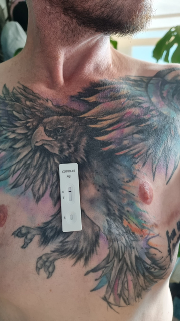 A covid test rests on the white tattooed bare chest of a trans man. 