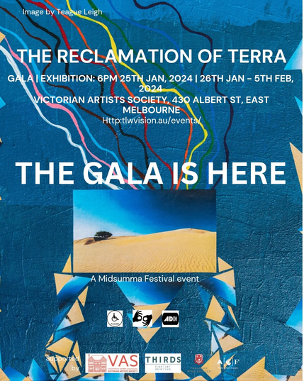 A blue acrylic canvas featuring central photographic landscape image which is also collaged below it. It has a wavy river motif above, in the colours of the progressive pride flag. "The Gala is here" is written in large white font over the top. 