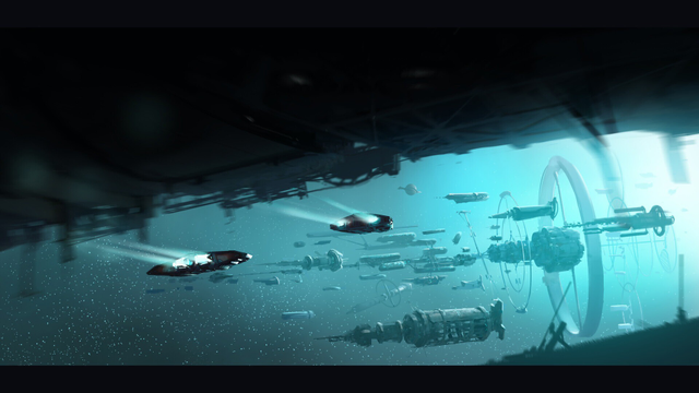 Two ships fly through space between two mega structures towards a flotilla space station.