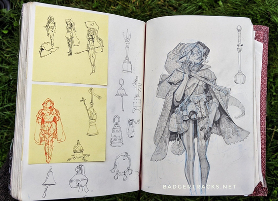 Sketchbook page of a long limbed adventurer