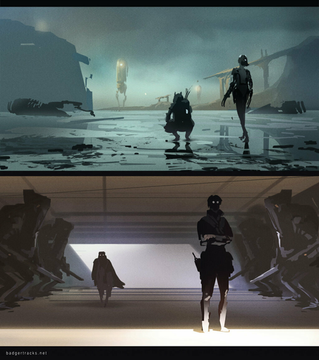 Two sketches of two figures in different lighting conditions.