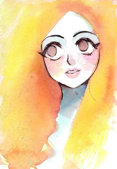 Ink and watercolour portrait (postcard sized) of a brown-eyed girl looking upwards. Her hair is a mix of yellow and orange, wet-in-wet, that falls over her shoulders and becomes the background.