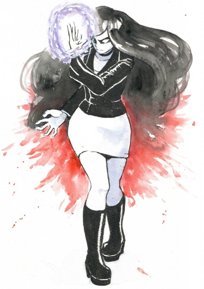 Ink and watercolour illustration of a black-haired modern witch in a pleather jacket, mini-skirt, and calf-length boots. She casts purple magic, and behind her is a burst of red reminiscent of blood.