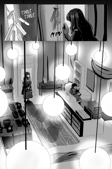 A black and white digital comic page. In the first two panels, a girl closes a door, causing a wind charm being used as a doorbell to tinkle. The third and latest panel is an establishing shot of the girl in an alt-fashion and merchandise store.