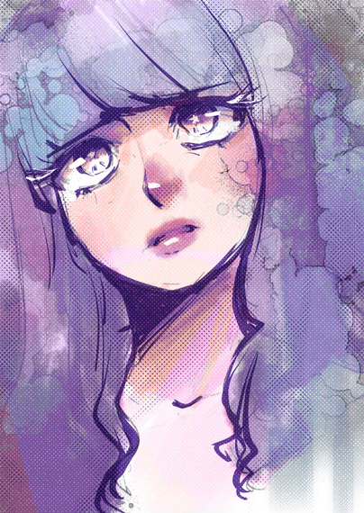 A digital portrait of a wistful woman, using lots of pinks, purples, and blues. Screentone and textured bubble brushes have been used to introduce dream-like texture to the piece