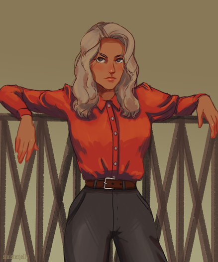 a digital drawing of a young blonde woman in a red shirt and gray high-waisted pants leaning against a fence, looking at the viewer