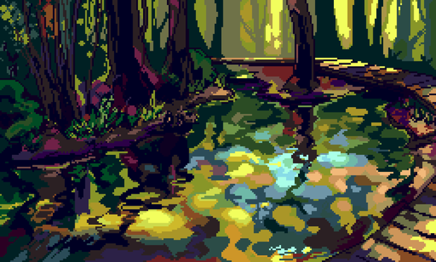 a pixel art drawing of a river with a small wooden bridge and many trees framing the picture. many colorful reflections can be seen