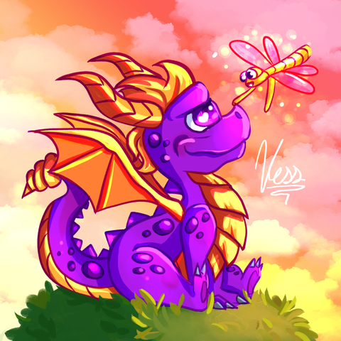 Spyro the purple dragon being booped on the nose by his dragonfly sparx