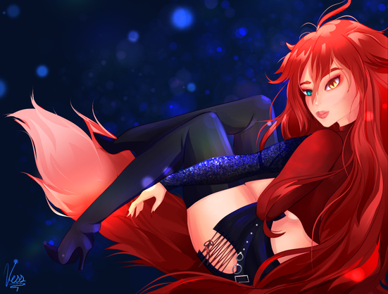 My dear friend's character from FFXIV online, she is a Miquote  with an extra fluffy tail and ears. She has bright red hair, one golden eye and one sea green. she has a red sweater croptop, a leather skirt and thighhigh high-heel boots. She has a sparkly sequined sleeve attached to her sweater.