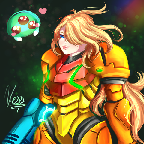 Samus Aran wearing her classic orange, red and yellow suit. Shes staring at the camera with her blonde hair flowing in the wind. you can see one sky blue eye staring at the camera. her arm cannon is deep blue and is glowing around the edges. Floating next to her is a cute blushing baby metroid.