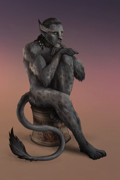 Digital painting by TJ Trewin (commissioned by Ethnis Studios) of a Sazashi character from the Ethnis Universe. 

A muscular humanoid with short, dapple-marked fur sits upon a traditional drum shaped stool and seems to be deep in thought. 

He has a flat broad nose, large feline-like ears, and a long, sturdy tail ending in a thick tuft of dark fur.