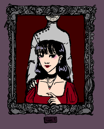 A digital portrait of Eloise Ryu. She has long hair, and is wearing a red dress that emphasizes her décolletage. Around her neck is a strange occult necklace. She has pricked her finger, and is holding it up to show a single drop of blood dripping. She looks directly at the viewer. Behind her is a strange woman in a lab coat. The woman's face is obscured.

The frame around the portrait is ornate. Hiding among the ornamentation are skulls, six rats with glowing eyes. One of the long sides of the frame depicts a rake, while the other has a broom.

