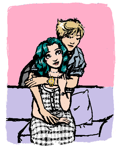 A digital drawing of Michiru and Haruka from Sailor Moon. Michiru sits on a sofa. Haruka is hugging her from behind. Michiru is wearing a checkered Alaïa dress, and Haruka has a Tag Heuer watch, the one made with Ayrton Senna. Both the dress and watch are from the 90s.