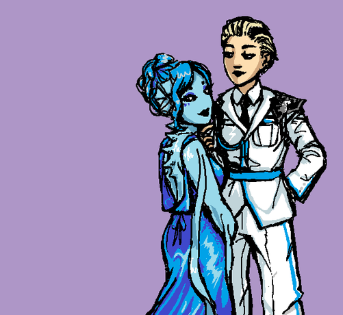 A digital drawing of my OCs Blue NM-2 and Eun. Blue and Eun are in formal wear. Blue wears a blue silk dress that falls like a waterfall. Eun is in the dress uniform of the Penumbra Air Force, a white suit with blue details.