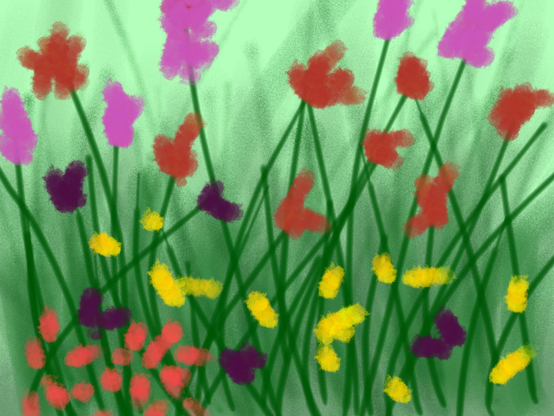 An abstract field of flowers in multiple colors.